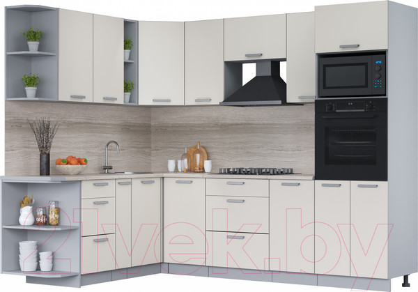 Изображение товара Кухонный гарнитур Интерлиния Мила Лайт 1.88x2.8 левая (персидский жемчуг/персид. жемчуг/травертин серый)