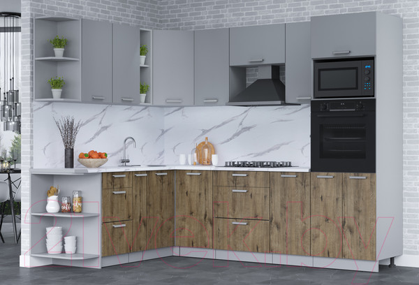 Изображение товара Кухонный гарнитур Интерлиния Мила Лайт 1.88x2.8 левая (серебро/дуб веллингтон/белый гранит)