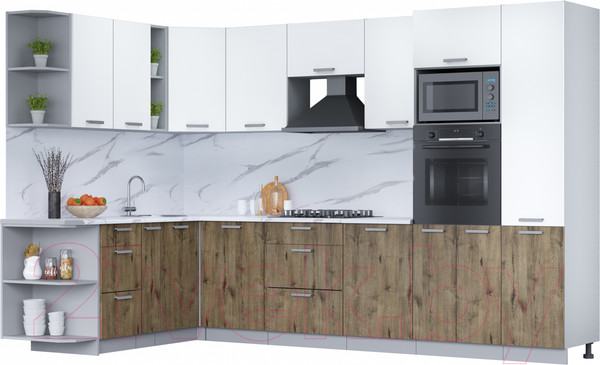 Изображение товара Кухонный гарнитур Интерлиния Мила Лайт 1.88x3.2 левая (белый платинум/дуб веллингтон/белый гранит)