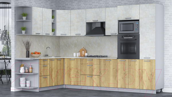 Изображение товара Кухонный гарнитур Интерлиния Мила Лайт 1.88x3.2 левая (бетон лайт/дуб золотой/опал светлый)