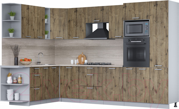 Изображение товара Кухонный гарнитур Интерлиния Мила Лайт 1.88x3.2 левая (дуб веллингтон/дуб веллингтон/травертин серый)