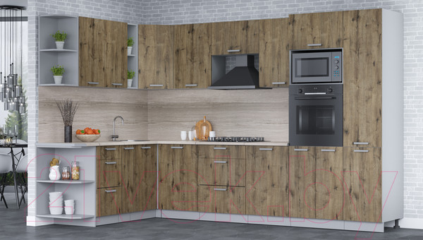 Изображение товара Кухонный гарнитур Интерлиния Мила Лайт 1.88x3.2 левая (дуб веллингтон/дуб веллингтон/травертин серый)