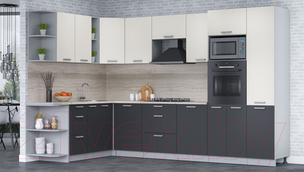 Изображение товара Кухонный гарнитур Интерлиния Мила Лайт 1.88x3.2 левая (персидский жемчуг/антрацит/травертин серый)