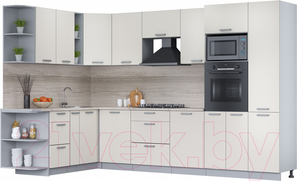 Изображение товара Кухонный гарнитур Интерлиния Мила Лайт 1.88x3.2 левая (персидский жемчуг/персид. жемчуг/травертин серый)