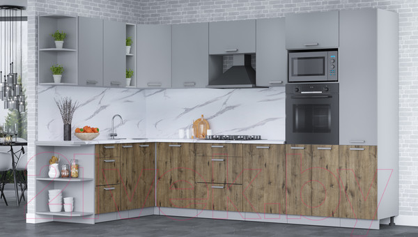 Изображение товара Кухонный гарнитур Интерлиния Мила Лайт 1.88x3.2 левая (серебро/дуб веллингтон/белый гранит)