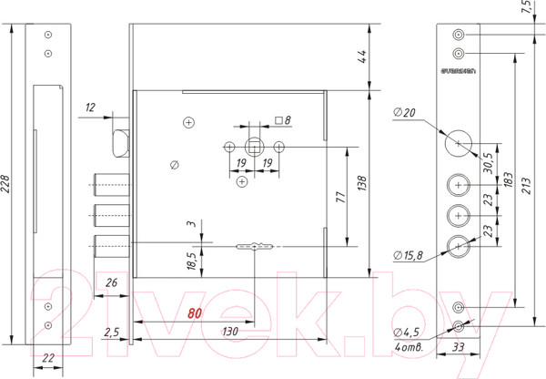 Изображение товара Замок врезной Гардиан 8011 ЗК303Н-01 (4 длинных ключа)