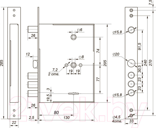 Изображение товара Замок врезной Гардиан 8015 ЗК303Н-01 (4 длинных ключа)