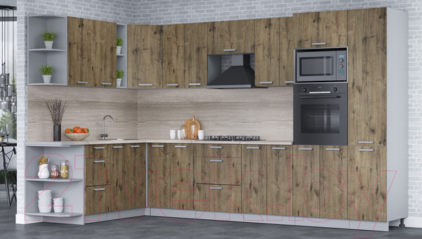 Изображение товара Кухонный гарнитур Интерлиния Мила Лайт 1.88x3.4 левая (дуб веллингтон/дуб веллингтон/травертин серый)