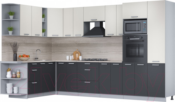 Изображение товара Кухонный гарнитур Интерлиния Мила Лайт 1.88x3.4 левая (персидский жемчуг/антрацит/травертин серый)