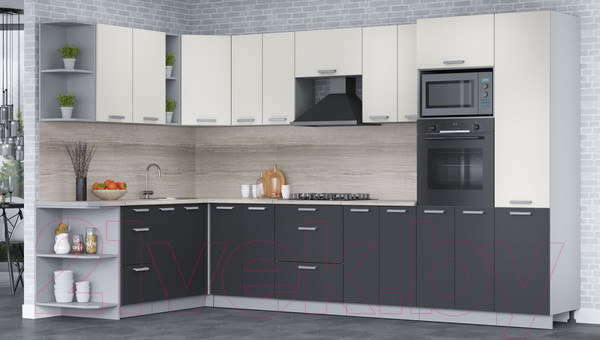 Изображение товара Кухонный гарнитур Интерлиния Мила Лайт 1.88x3.4 левая (персидский жемчуг/антрацит/травертин серый)