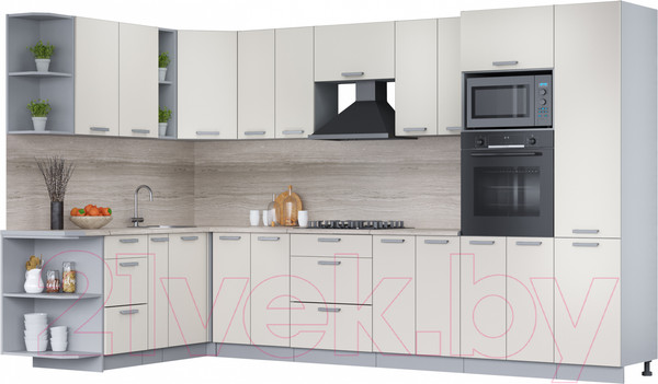 Изображение товара Кухонный гарнитур Интерлиния Мила Лайт 1.88x3.4 левая (персидский жемчуг/персид. жемчуг/травертин серый)