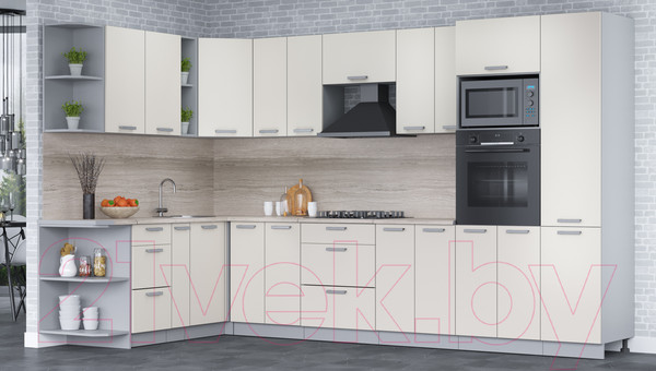 Изображение товара Кухонный гарнитур Интерлиния Мила Лайт 1.88x3.4 левая (персидский жемчуг/персид. жемчуг/травертин серый)