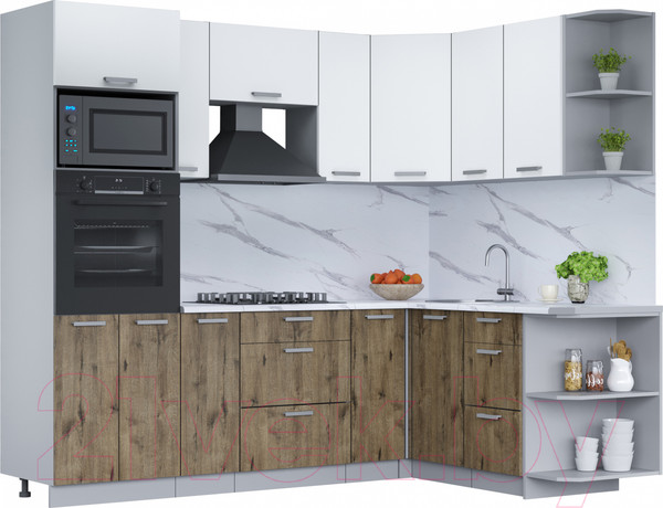 Изображение товара Кухонный гарнитур Интерлиния Мила Лайт 1.68x2.4 правая (белый платинум/дуб веллингтон/белый гранит)