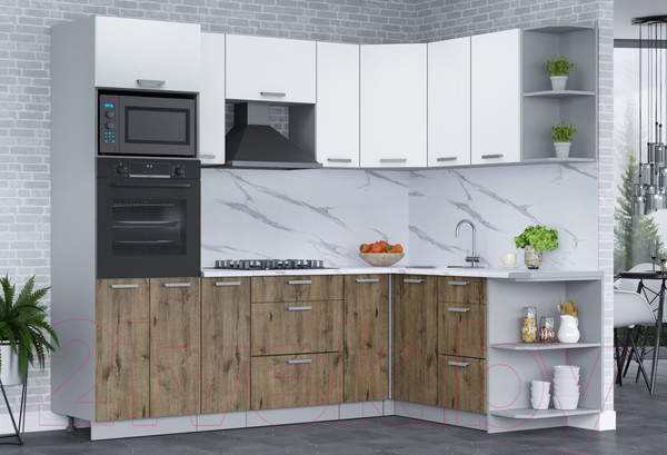 Изображение товара Кухонный гарнитур Интерлиния Мила Лайт 1.68x2.4 правая (белый платинум/дуб веллингтон/белый гранит)