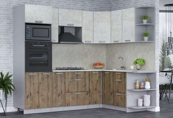 Изображение товара Кухонный гарнитур Интерлиния Мила Лайт 1.68x2.4 правая (бетон лайт/дуб веллингтон/опал светлый)