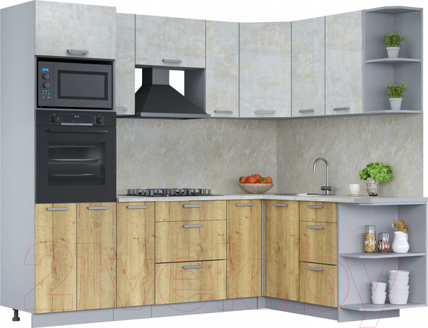 Изображение товара Кухонный гарнитур Интерлиния Мила Лайт 1.68x2.4 правая (бетон лайт/дуб золотой/опал светлый)