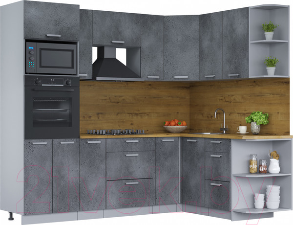 Изображение товара Кухонный гарнитур Интерлиния Мила Лайт 1.68x2.4 правая (бетон потленд/бетон портленд/дуб бунратти)
