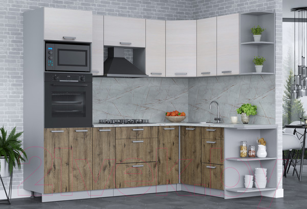 Изображение товара Кухонный гарнитур Интерлиния Мила Лайт 1.68x2.4 правая (вудлайн кремовый/дуб веллингтон/серый каспий)