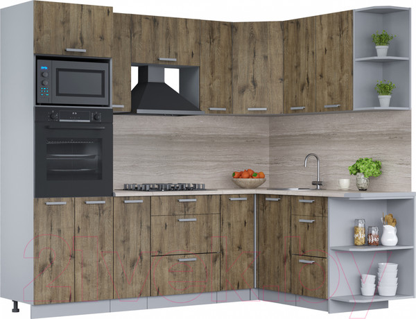 Изображение товара Кухонный гарнитур Интерлиния Мила Лайт 1.68x2.4 правая (дуб веллингтон/дуб веллингтон/травертин серый)