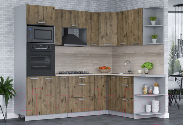 Изображение товара Кухонный гарнитур Интерлиния Мила Лайт 1.68x2.4 правая (дуб веллингтон/дуб веллингтон/травертин серый)