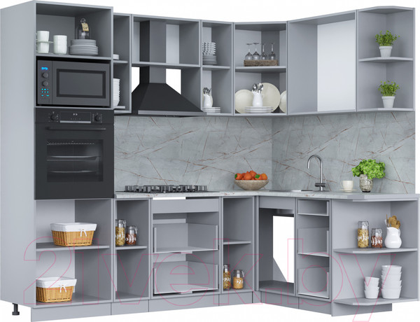 Изображение товара Кухонный гарнитур Интерлиния Мила Лайт 1.68x2.4 правая (дуб веллингтон/дуб веллингтон/травертин серый)