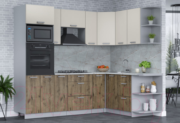 Изображение товара Кухонный гарнитур Интерлиния Мила Лайт 1.68x2.4 правая (персидский жемчуг/дуб веллингтон/серый каспий)