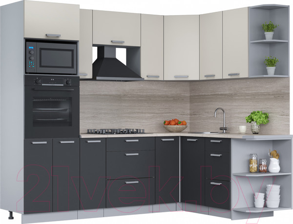 Изображение товара Кухонный гарнитур Интерлиния Мила Лайт 1.68x2.4 правая (персидский жемчуг/антрацит/травертин серый)