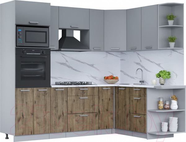 Изображение товара Кухонный гарнитур Интерлиния Мила Лайт 1.68x2.4 правая (серебро/дуб веллингтон/белый гранит)