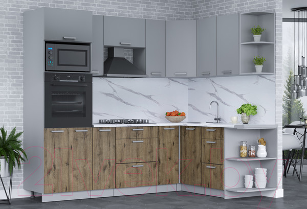 Изображение товара Кухонный гарнитур Интерлиния Мила Лайт 1.68x2.4 правая (серебро/дуб веллингтон/белый гранит)