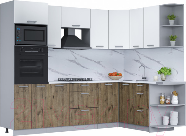 Изображение товара Кухонный гарнитур Интерлиния Мила Лайт 1.68x2.6 правая (белый платинум/дуб веллингтон/белый гранит)