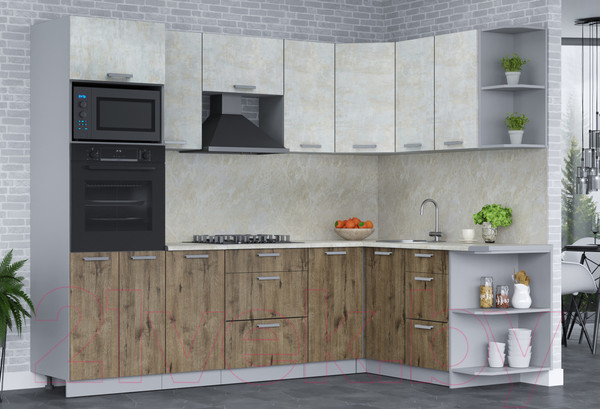 Изображение товара Кухонный гарнитур Интерлиния Мила Лайт 1.68x2.6 правая (бетон лайт/дуб веллингтон/опал светлый)