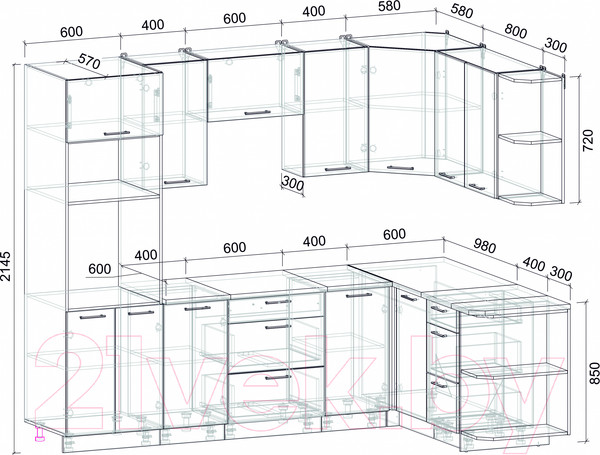 Изображение товара Кухонный гарнитур Интерлиния Мила Лайт 1.68x2.6 правая (вудлайн кремовый/дуб веллингтон/серый каспий)