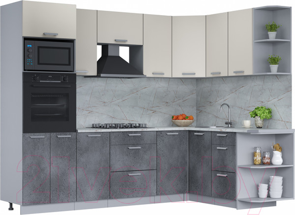 Изображение товара Кухонный гарнитур Интерлиния Мила Лайт 1.68x2.6 правая (персидский жемчуг/бетон портленд/серый каспий)