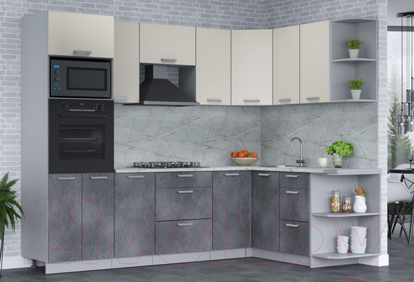 Изображение товара Кухонный гарнитур Интерлиния Мила Лайт 1.68x2.6 правая (персидский жемчуг/бетон портленд/серый каспий)