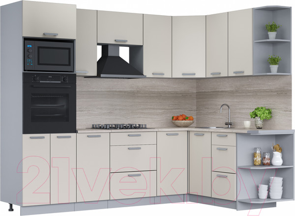 Изображение товара Кухонный гарнитур Интерлиния Мила Лайт 1.68x2.6 правая (персидский жемчуг/персидский жемчуг/травертин серый)
