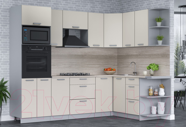 Изображение товара Кухонный гарнитур Интерлиния Мила Лайт 1.68x2.6 правая (персидский жемчуг/персидский жемчуг/травертин серый)