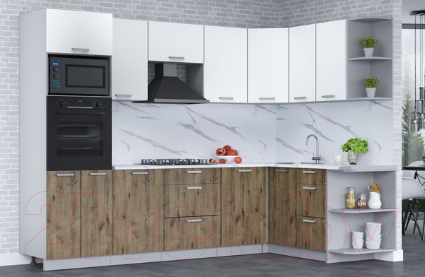 Изображение товара Кухонный гарнитур Интерлиния Мила Лайт 1.68x2.8 правая (белый платинум/дуб веллингтон/белый гранит)