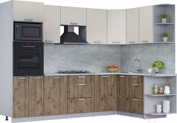 Изображение товара Кухонный гарнитур Интерлиния Мила Лайт 1.68x2.8 правая (персидский жемчуг/дуб веллингтон/серый каспий)