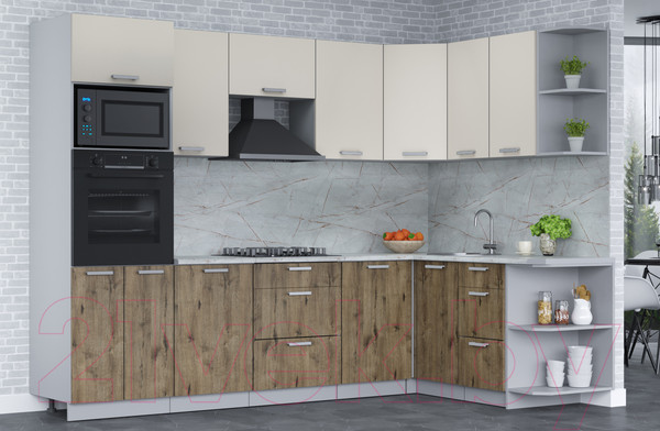 Изображение товара Кухонный гарнитур Интерлиния Мила Лайт 1.68x2.8 правая (персидский жемчуг/дуб веллингтон/серый каспий)