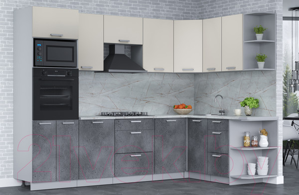 Изображение товара Кухонный гарнитур Интерлиния Мила Лайт 1.68x2.8 правая (персидский жемчуг/бетон портленд/серый каспий)