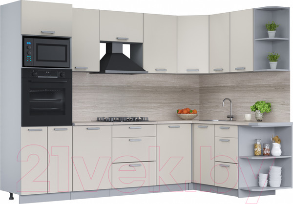 Изображение товара Кухонный гарнитур Интерлиния Мила Лайт 1.68x2.8 правая (персидский жемчуг/перс. жемчуг/травертин серый)