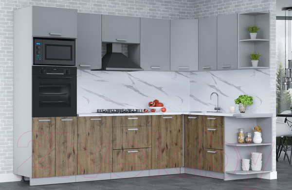 Изображение товара Кухонный гарнитур Интерлиния Мила Лайт 1.68x2.8 правая (серебро/дуб веллингтон/белый гранит)