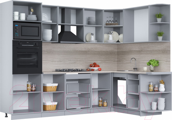 Изображение товара Кухонный гарнитур Интерлиния Мила Лайт 1.68x2.8 правая (серебро/дуб веллингтон/белый гранит)