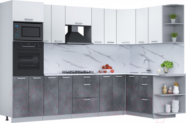 Изображение товара Кухонный гарнитур Интерлиния Мила Лайт 1.68x3.0 правая (белый платинум/бетон портленд/белый гранит)