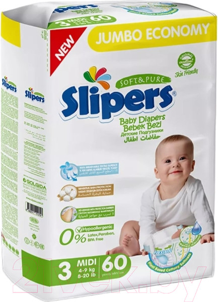 Изображение товара Подгузники детские Slipers Midi J-203 (60шт)