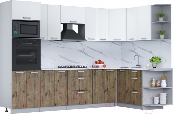 Изображение товара Кухонный гарнитур Интерлиния Мила Лайт 1.68x3.0 правая (белый платинум/дуб веллингтон/белый гранит)