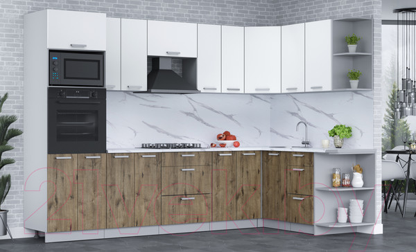 Изображение товара Кухонный гарнитур Интерлиния Мила Лайт 1.68x3.0 правая (белый платинум/дуб веллингтон/белый гранит)