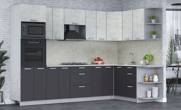 Изображение товара Кухонный гарнитур Интерлиния Мила Лайт 1.68x3.0 правая (бетон лайт/антрацит/опал светлый)