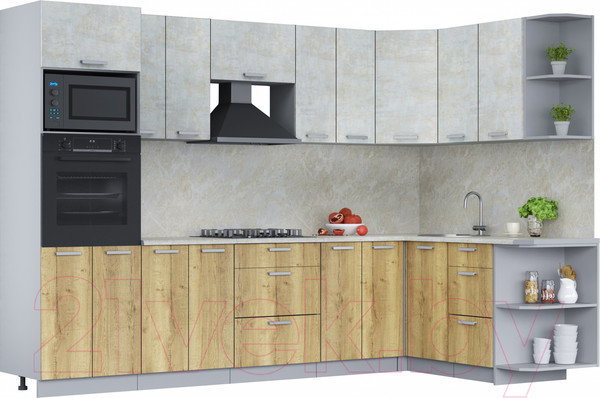 Изображение товара Кухонный гарнитур Интерлиния Мила Лайт 1.68x3.0 правая (бетон лайт/дуб золотой/опал светлый)