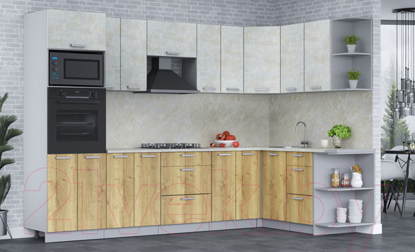 Изображение товара Кухонный гарнитур Интерлиния Мила Лайт 1.68x3.0 правая (бетон лайт/дуб золотой/опал светлый)